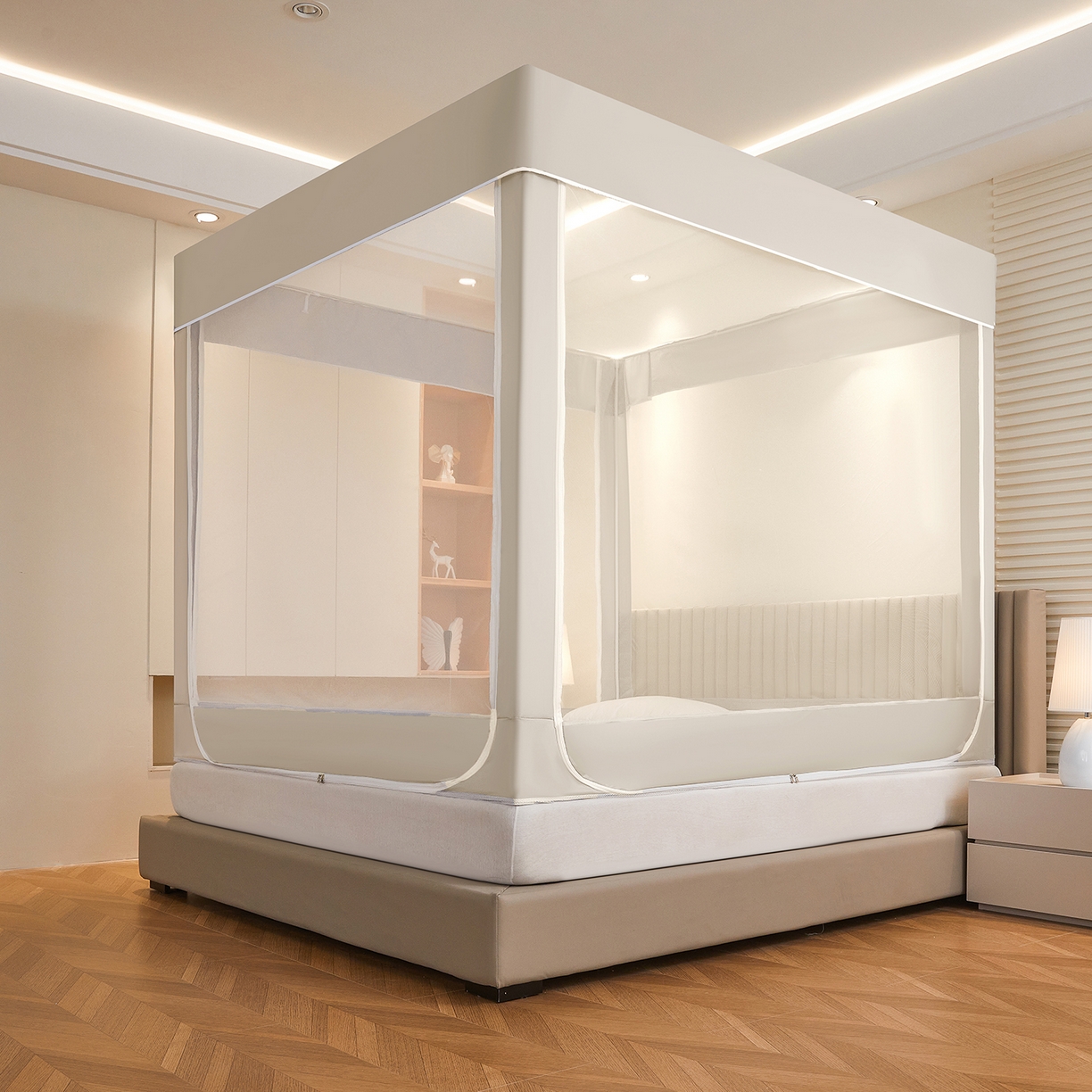 91家纺网 家纺一手货源 找家纺 都市缘蚊帐 2026新款三开门坐床防摔蚊帐拉链方帐1.5m1.8m506坐床蚊帐 506奶咖色