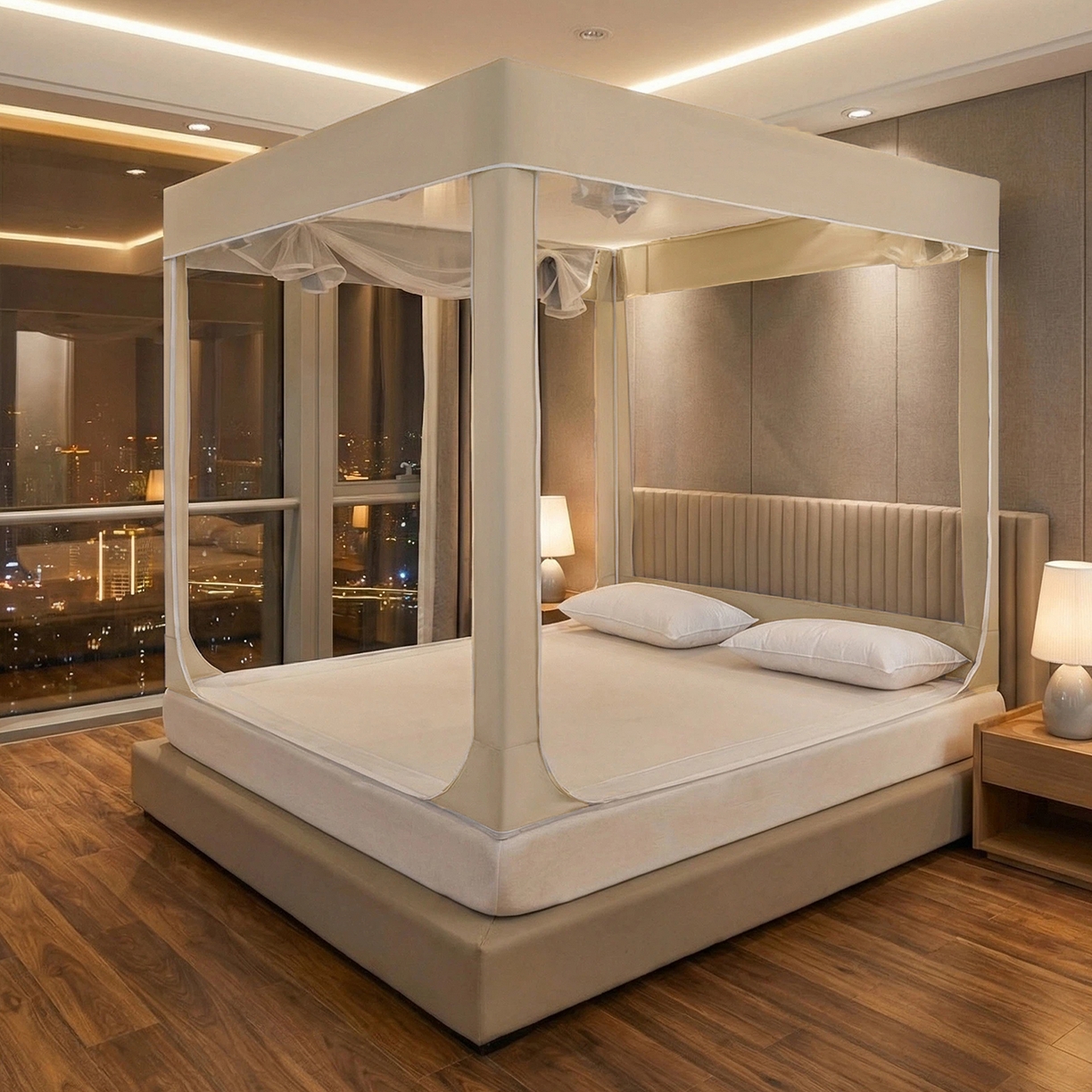 91家纺网 家纺一手货源 找家纺 都市缘蚊帐 2026新款三开门坐床防摔蚊帐拉链方帐1.5m1.8m506坐床蚊帐 506奶咖色