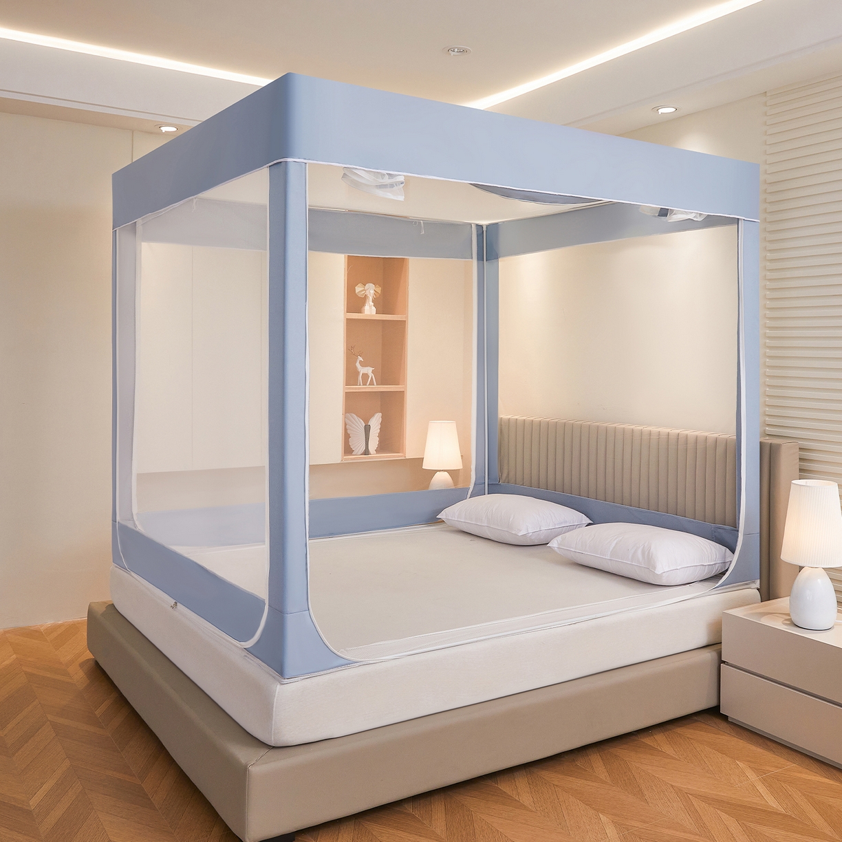 91家纺网 家纺一手货源 找家纺 都市缘蚊帐 2026新款三开门坐床防摔蚊帐拉链方帐1.5m1.8m506坐床蚊帐 506莫兰迪