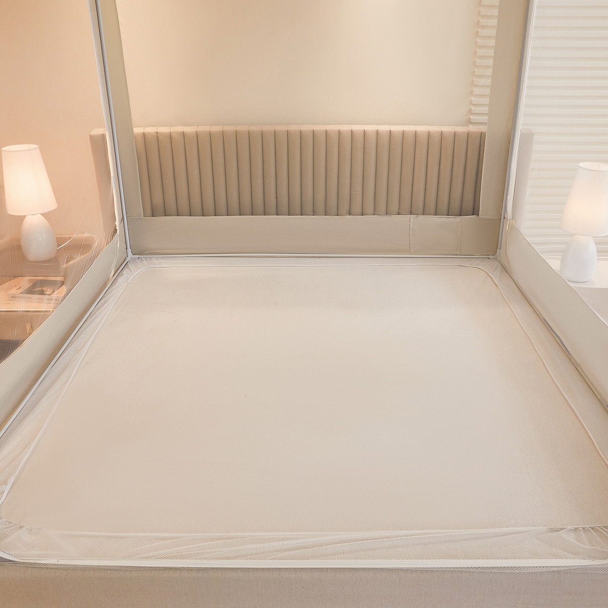 91家纺网 家纺一手货源 找家纺 都市缘蚊帐 2026新款三开门坐床防摔蚊帐拉链方帐1.5m1.8m506坐床蚊帐 506奶咖色