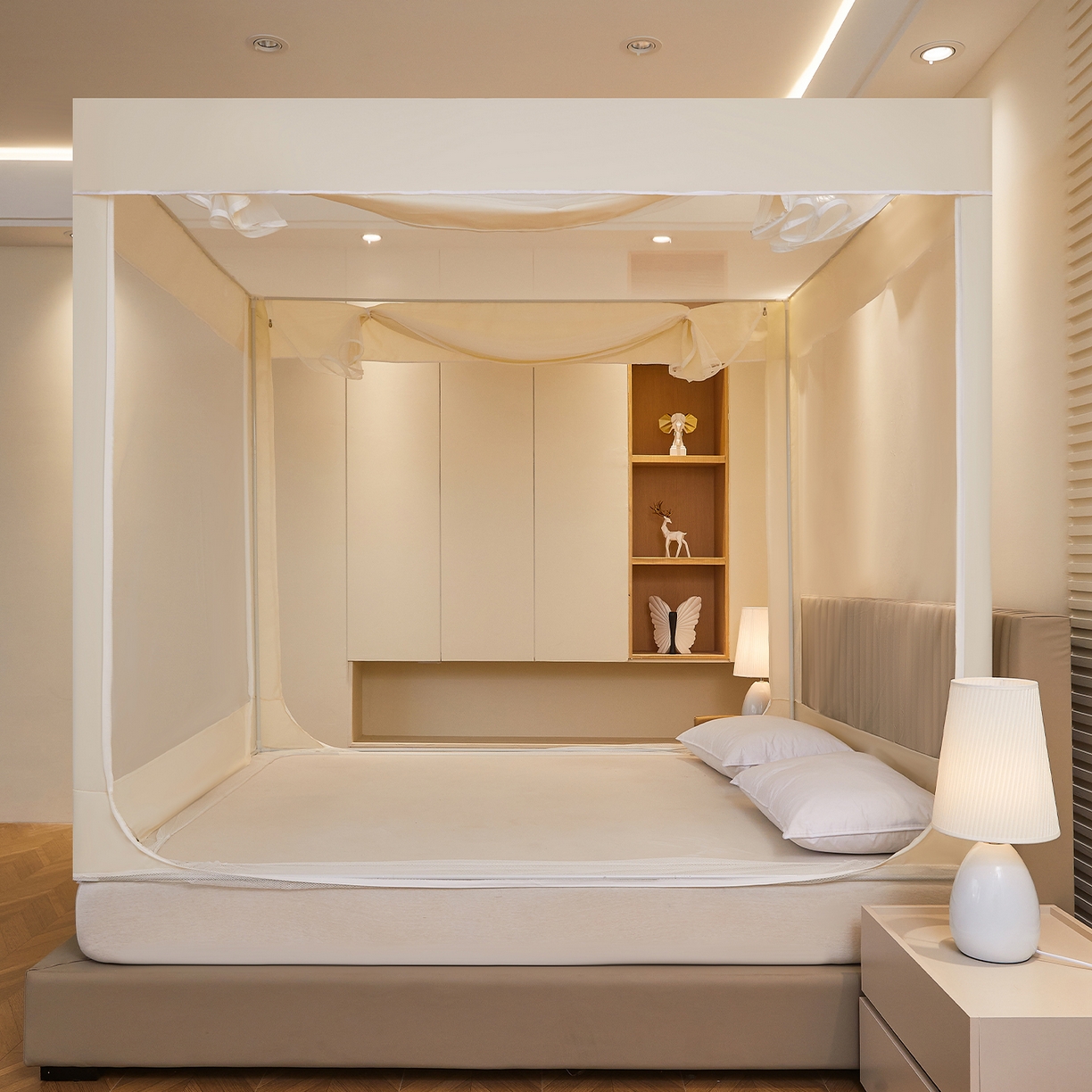 91家纺网 家纺一手货源 找家纺 都市缘蚊帐 2026新款三开门坐床防摔蚊帐拉链方帐1.5m1.8m506坐床蚊帐 506奶酪黄