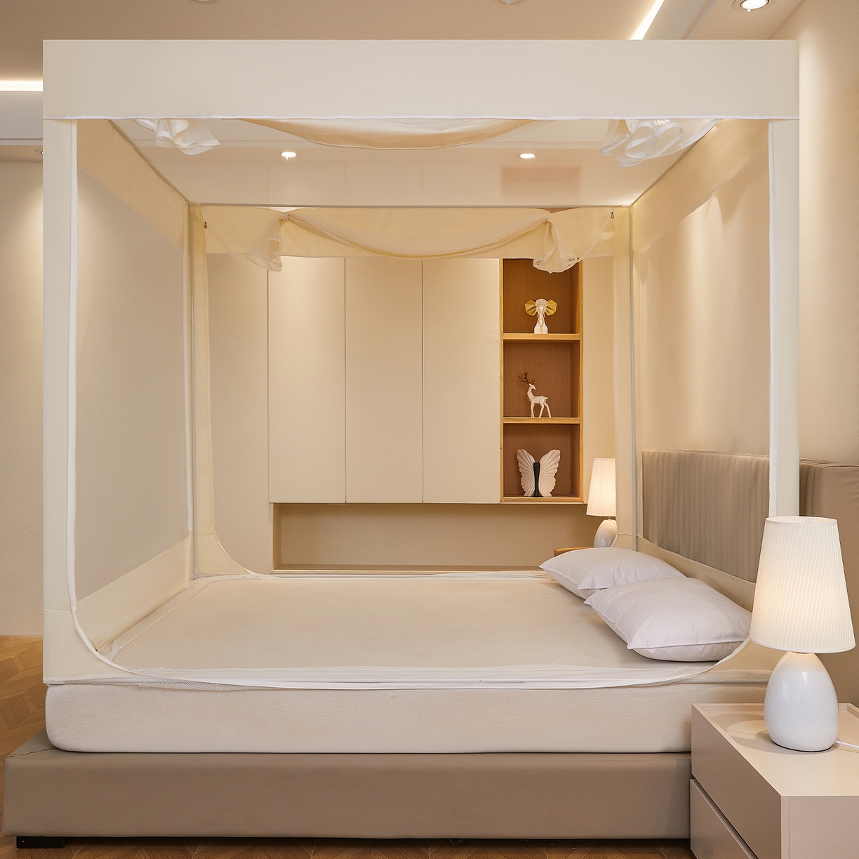 91家纺网 家纺一手货源 找家纺 都市缘蚊帐 2026新款三开门坐床防摔蚊帐拉链方帐1.5m1.8m506坐床蚊帐 506奶酪黄