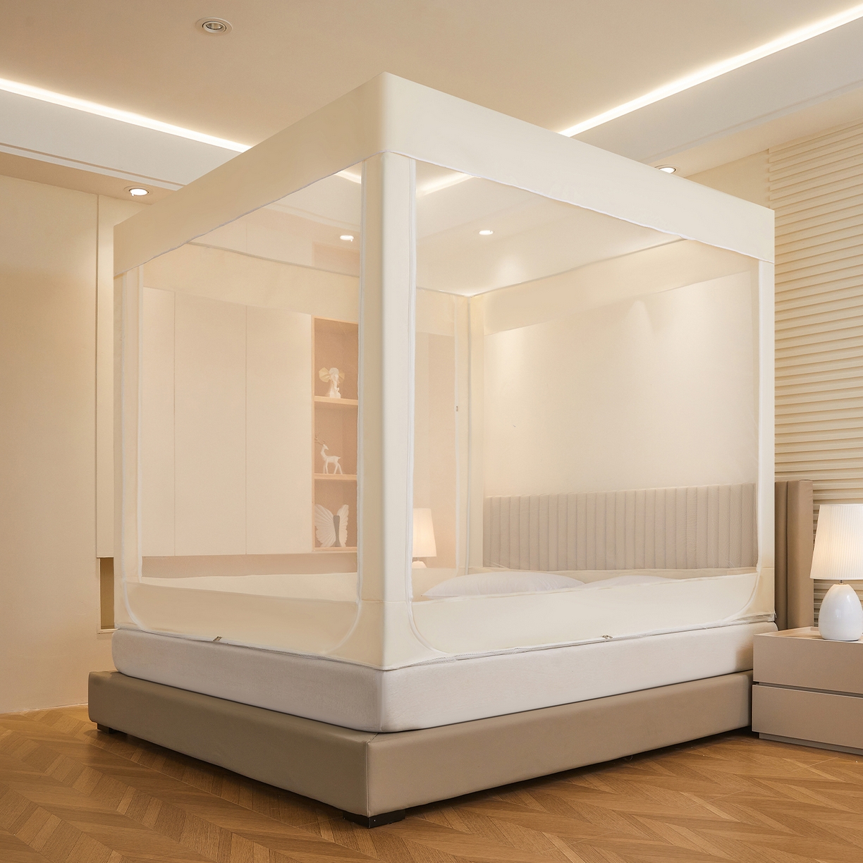 91家纺网 家纺一手货源 找家纺 都市缘蚊帐 2026新款三开门坐床防摔蚊帐拉链方帐1.5m1.8m506坐床蚊帐 506奶酪黄