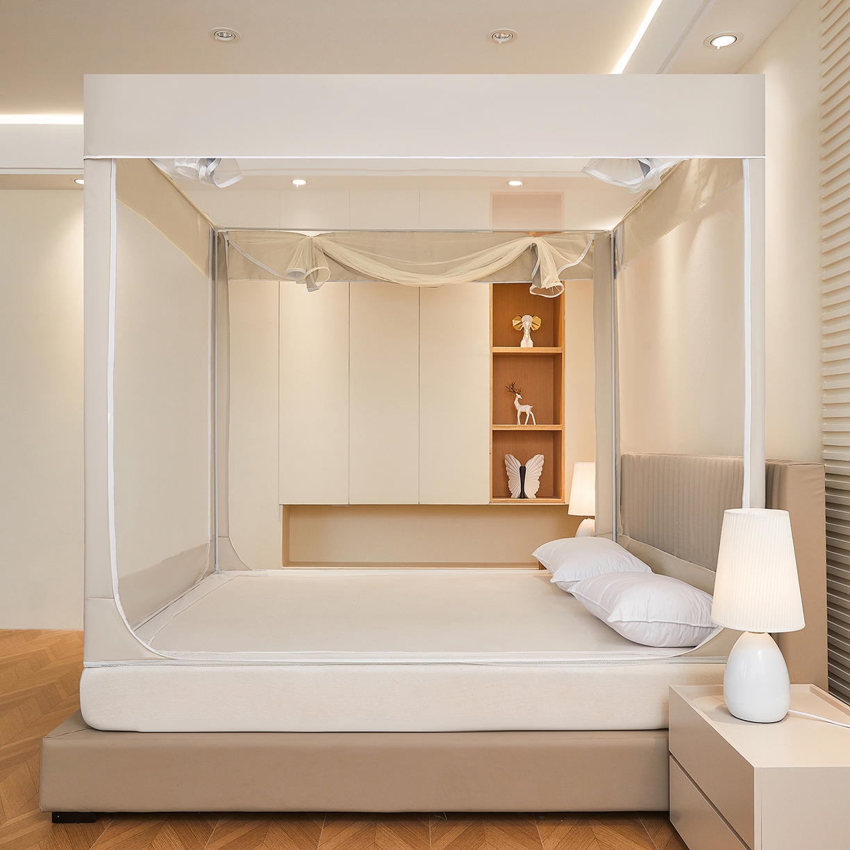 91家纺网 家纺一手货源 找家纺 都市缘蚊帐 2026新款三开门坐床防摔蚊帐拉链方帐1.5m1.8m506坐床蚊帐 506奶咖色