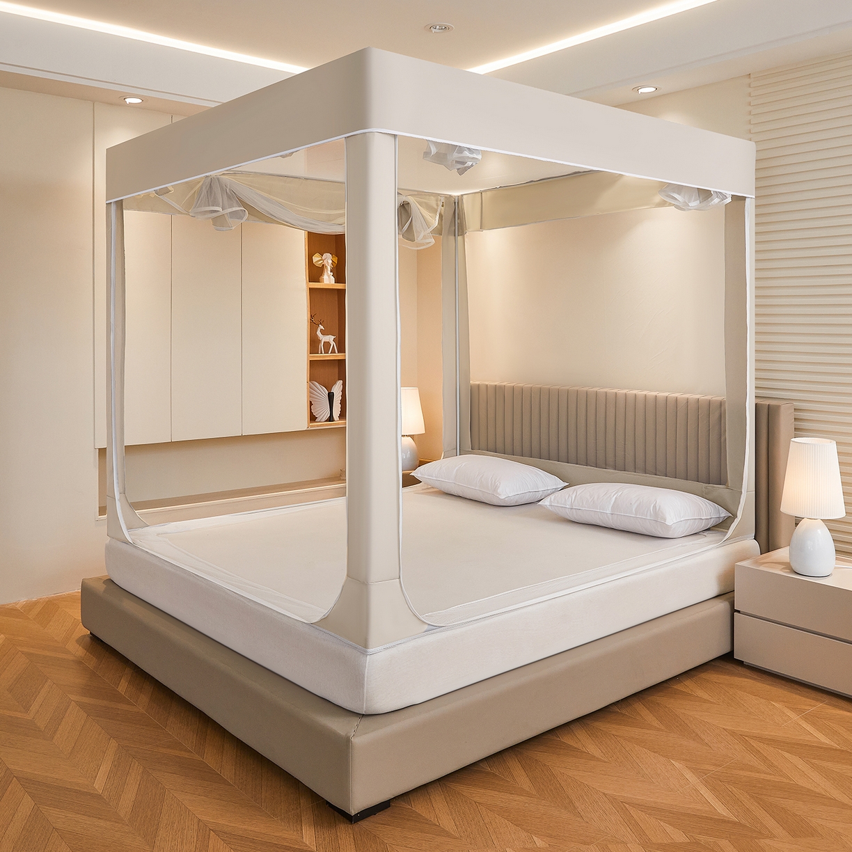 91家纺网 家纺一手货源 找家纺 都市缘蚊帐 2026新款三开门坐床防摔蚊帐拉链方帐1.5m1.8m506坐床蚊帐 506奶咖色