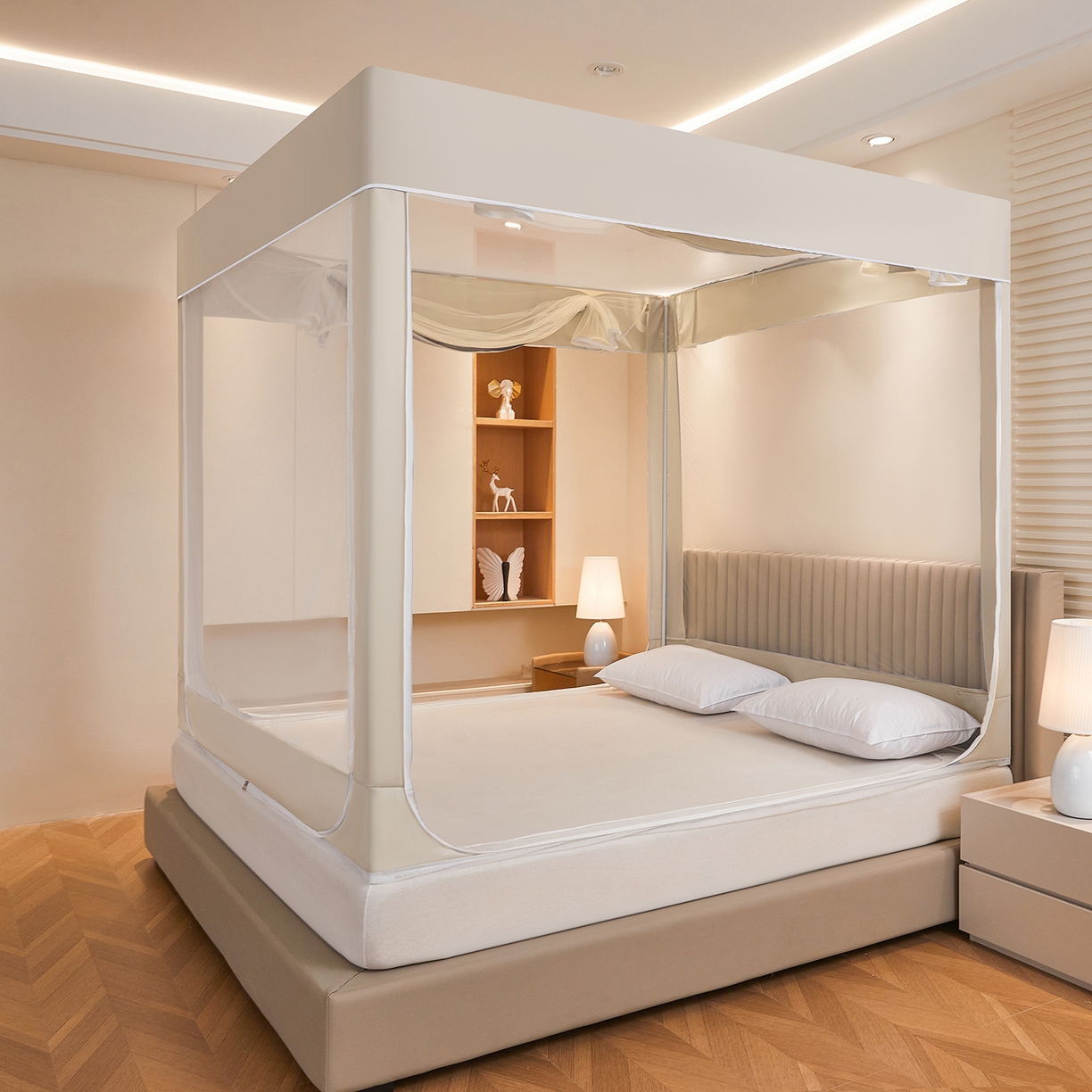 91家纺网 家纺一手货源 找家纺 都市缘蚊帐 2026新款三开门坐床防摔蚊帐拉链方帐1.5m1.8m506坐床蚊帐 506奶咖色