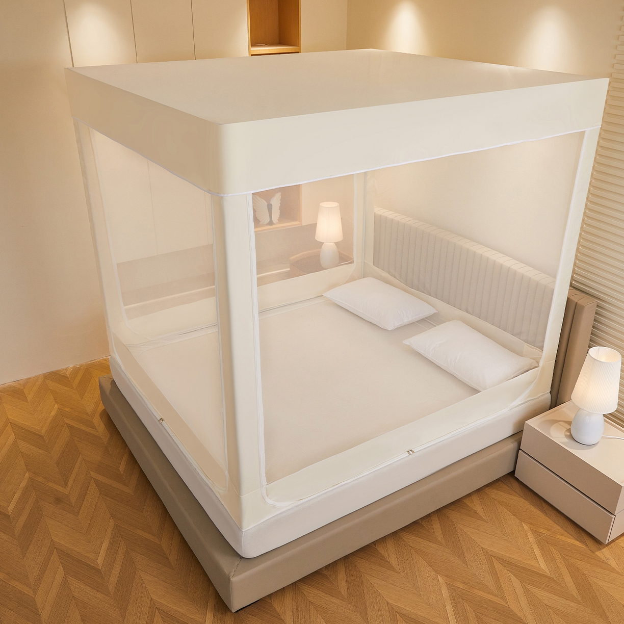 91家纺网 家纺一手货源 找家纺 都市缘蚊帐 2026新款三开门坐床防摔蚊帐拉链方帐1.5m1.8m506坐床蚊帐 506奶酪黄