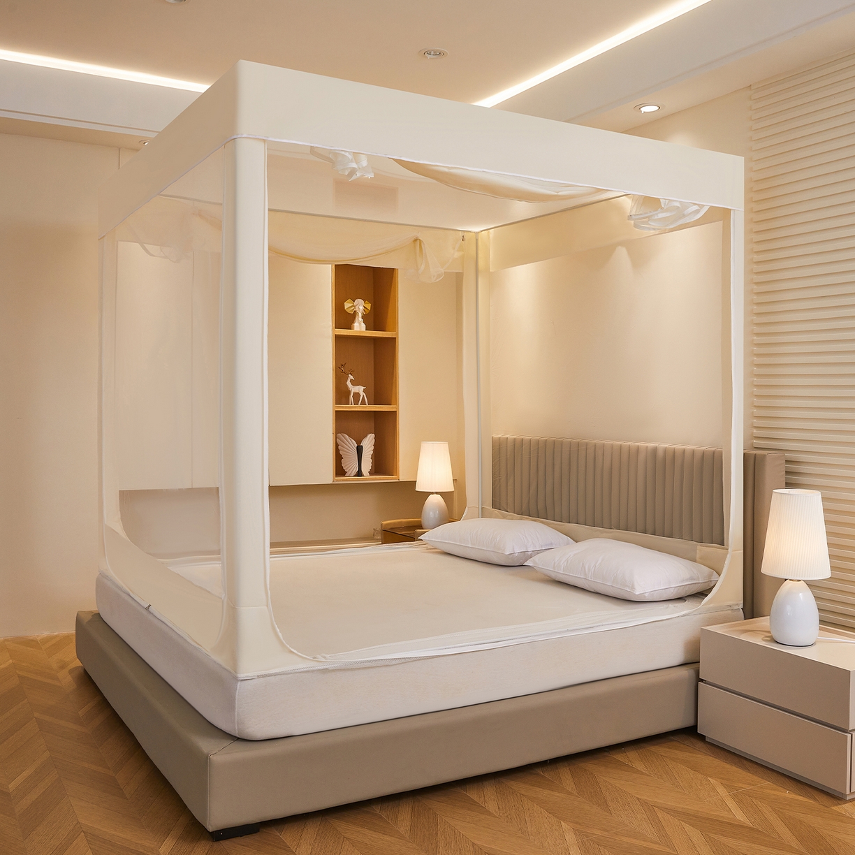 91家纺网 家纺一手货源 找家纺 都市缘蚊帐 2026新款三开门坐床防摔蚊帐拉链方帐1.5m1.8m506坐床蚊帐 506奶酪黄