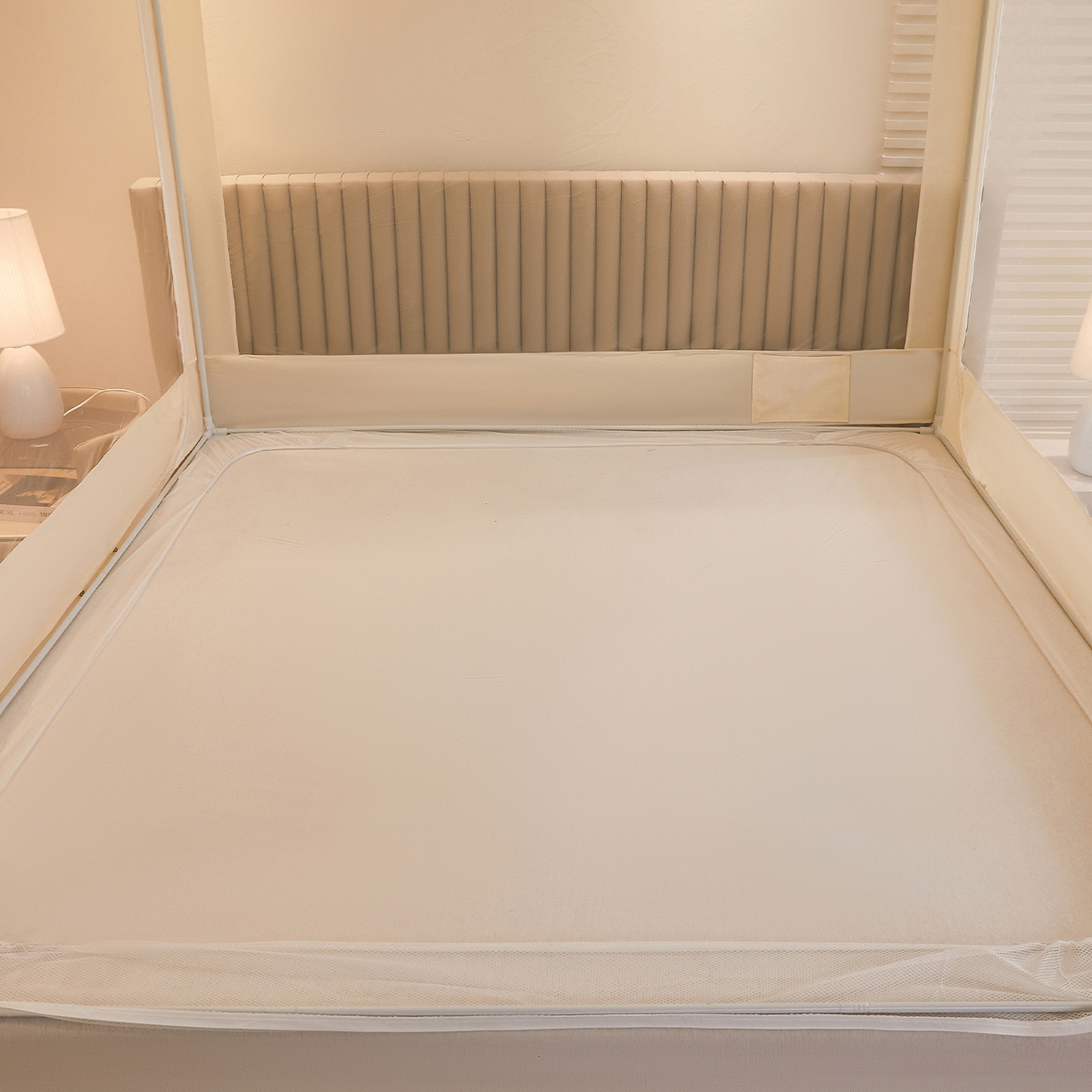 91家纺网 家纺一手货源 找家纺 都市缘蚊帐 2026新款三开门坐床防摔蚊帐拉链方帐1.5m1.8m506坐床蚊帐 506奶酪黄