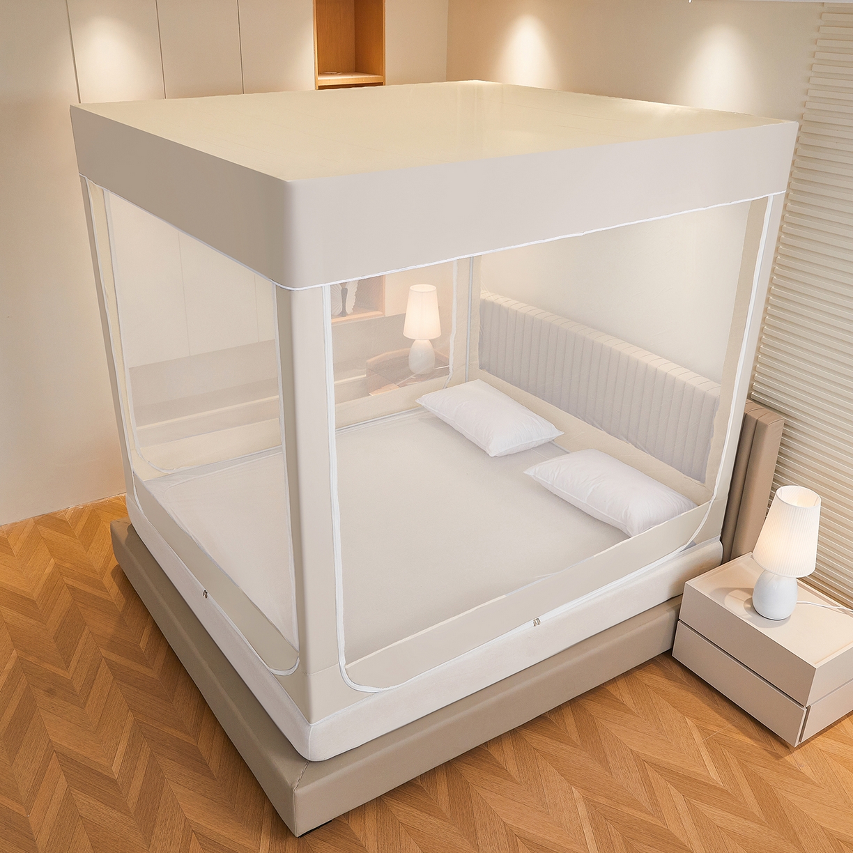 91家纺网 家纺一手货源 找家纺 都市缘蚊帐 2026新款三开门坐床防摔蚊帐拉链方帐1.5m1.8m506坐床蚊帐 506奶咖色