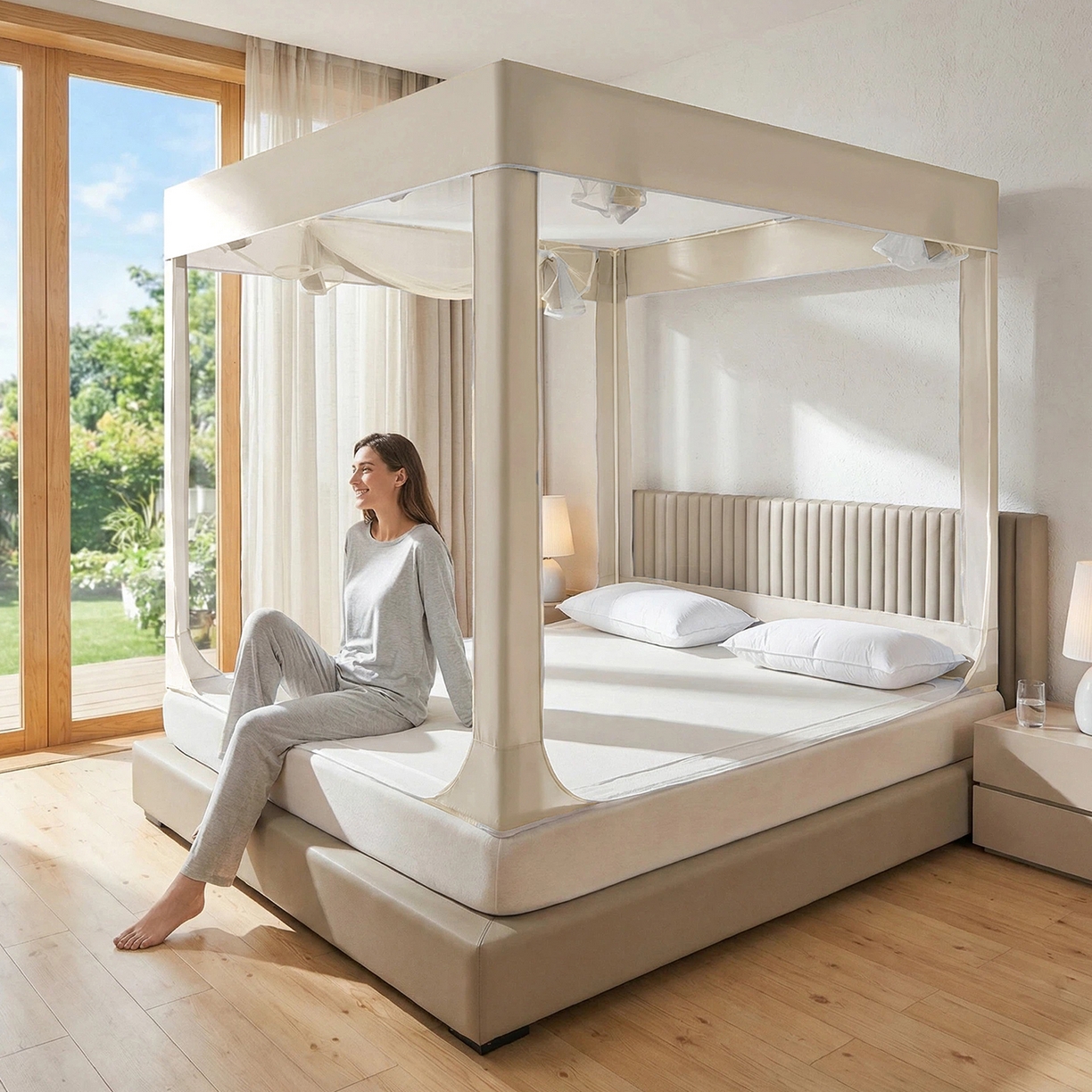 91家纺网 家纺一手货源 找家纺 都市缘蚊帐 2026新款三开门坐床防摔蚊帐拉链方帐1.5m1.8m506坐床蚊帐 506奶咖色