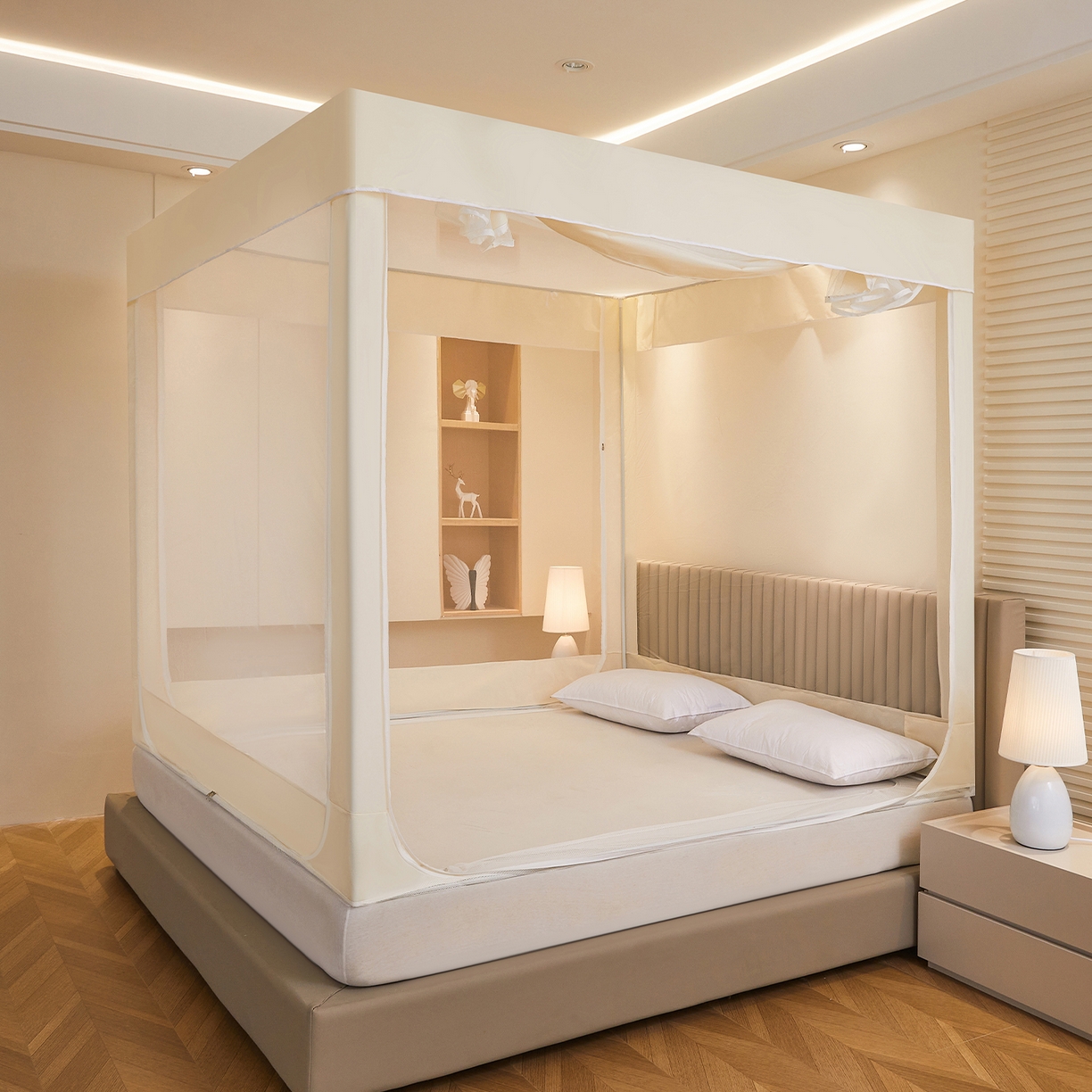 91家纺网 家纺一手货源 找家纺 都市缘蚊帐 2026新款三开门坐床防摔蚊帐拉链方帐1.5m1.8m506坐床蚊帐 506奶酪黄