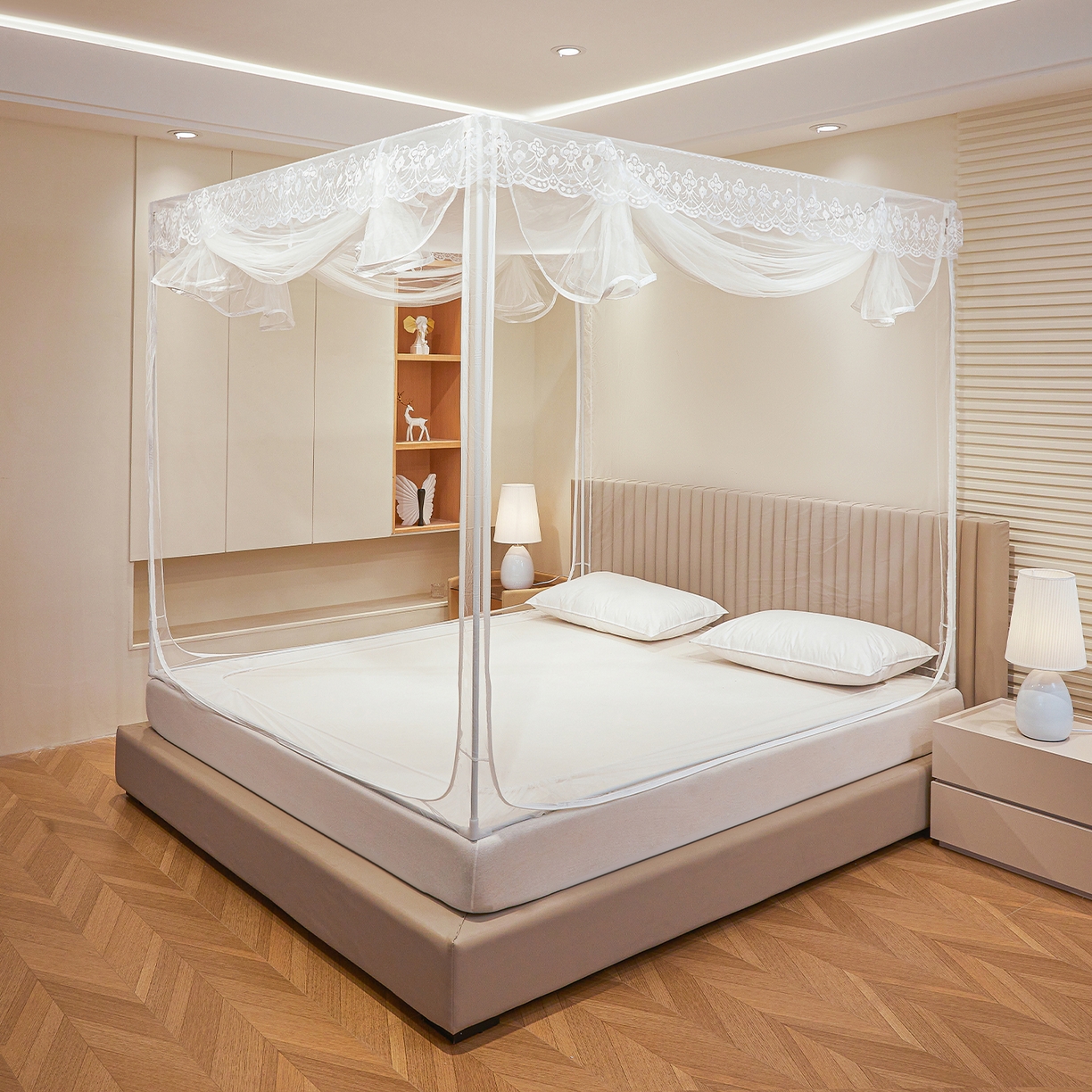 91家纺网 家纺一手货源 找家纺 （总）都市缘蚊帐 2026新款三开门坐床防摔蚊帐二开门拉链方帐1.5m1.8m502坐床蚊帐