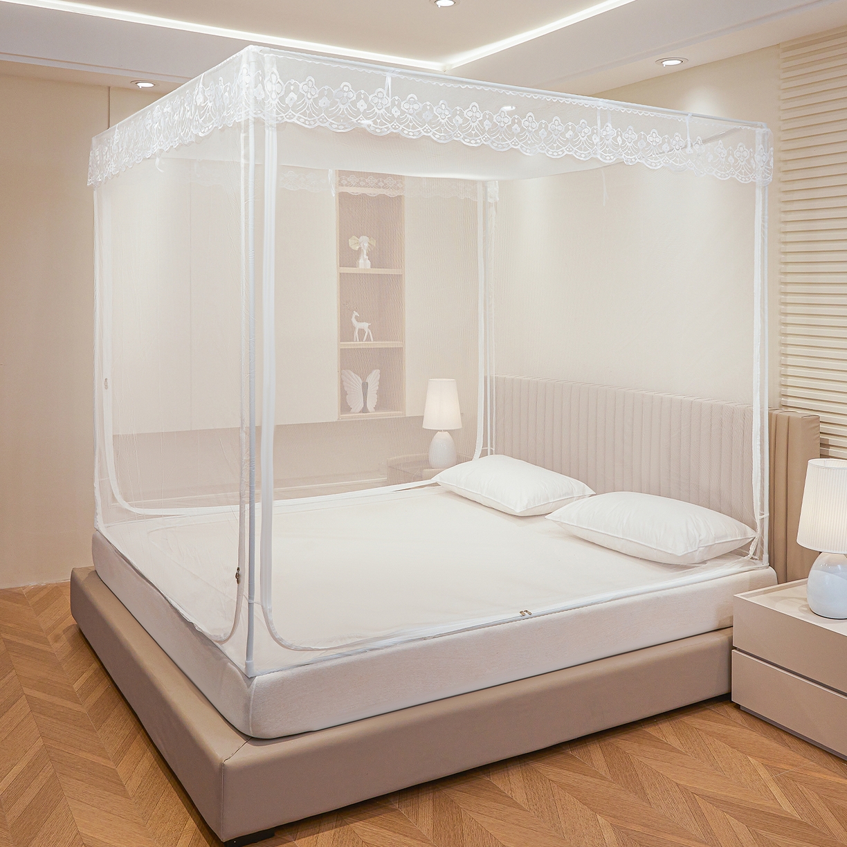 91家纺网 家纺一手货源 找家纺 （总）都市缘蚊帐 2026新款三开门坐床防摔蚊帐二开门拉链方帐1.5m1.8m502坐床蚊帐