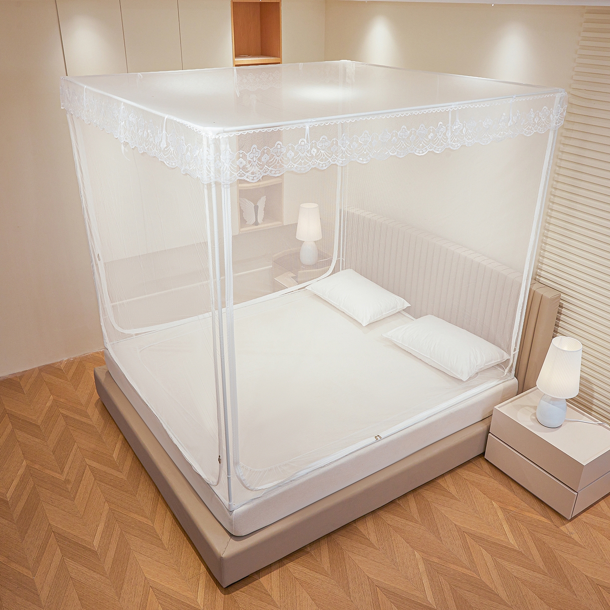 91家纺网 家纺一手货源 找家纺 （总）都市缘蚊帐 2026新款三开门坐床防摔蚊帐二开门拉链方帐1.5m1.8m502坐床蚊帐