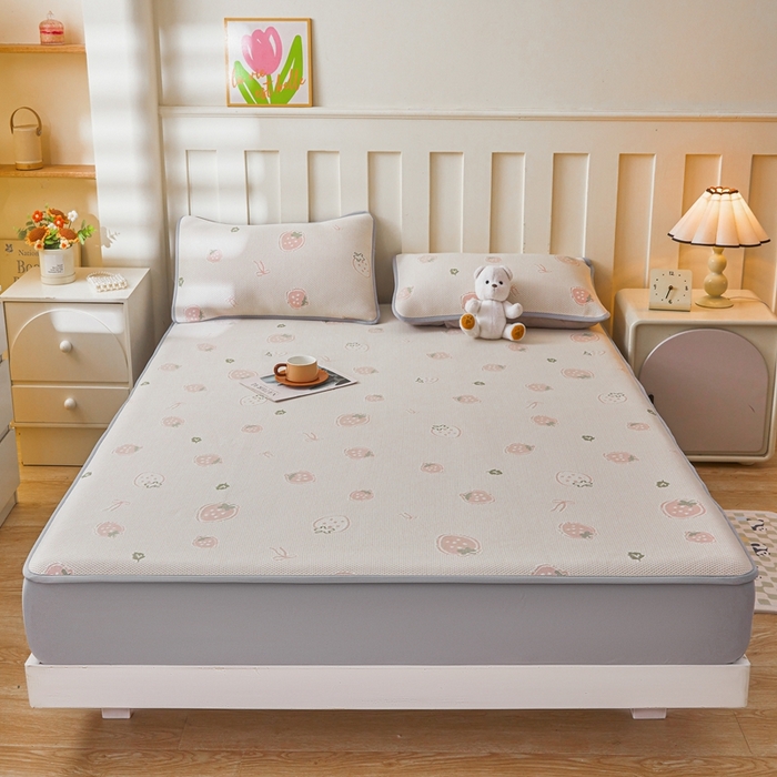 91家纺网 家纺一手货源 找家纺 凯罗 2026春夏凉豆豆小红书爆款A类乙纶PE凉豆豆床笠款可水洗床笠 波点草莓-粉