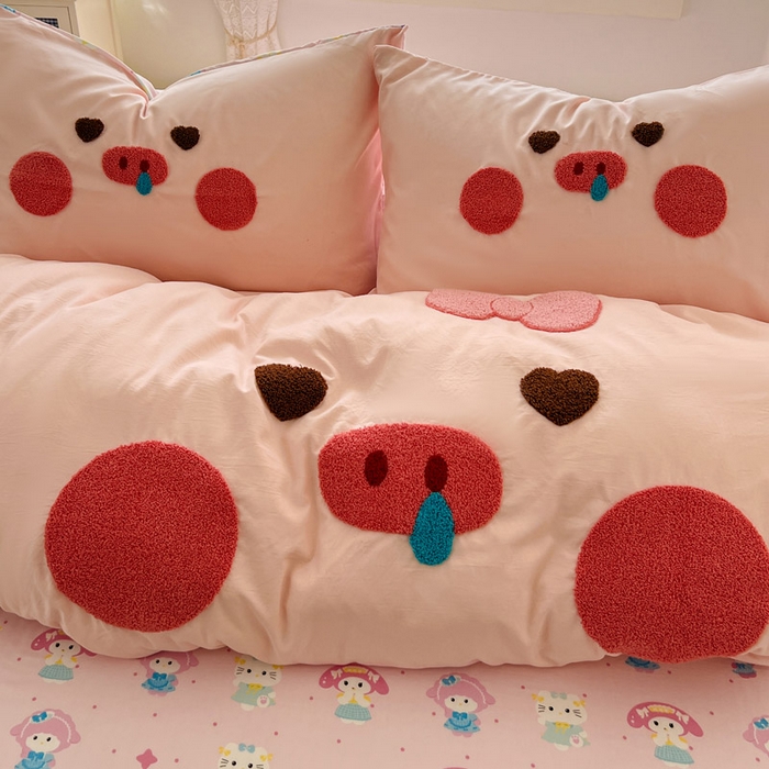 91家纺网 家纺一手货源 找家纺 （总）颜选 2026春夏新款卡通款水洗棉毛巾绣四件套-猪猪