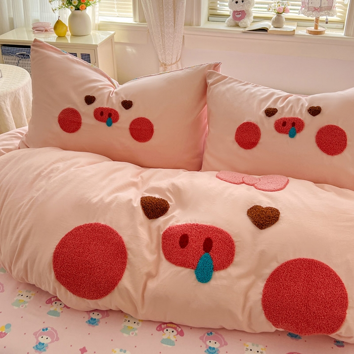 91家纺网 家纺一手货源 找家纺 （总）颜选 2026春夏新款卡通款水洗棉毛巾绣四件套-猪猪