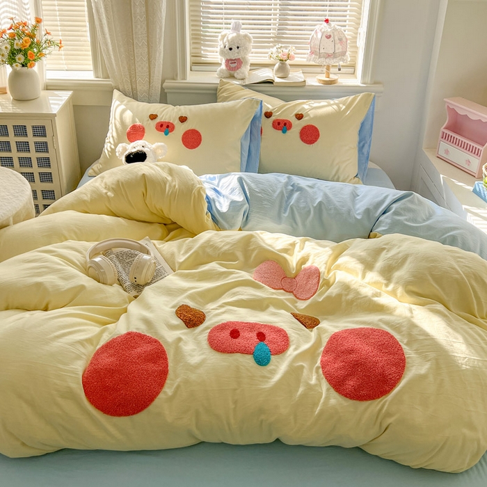 91家纺网 家纺一手货源 找家纺 （总）颜选 2026春夏新款卡通款水洗棉毛巾绣四件套-猪猪