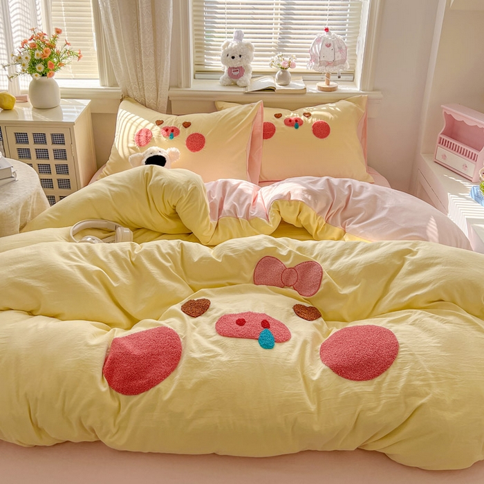 91家纺网 家纺一手货源 找家纺 （总）颜选 2026春夏新款卡通款水洗棉毛巾绣四件套-猪猪