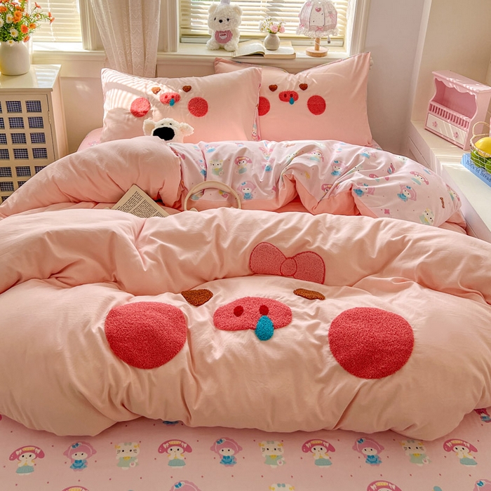 颜选 2026春夏新款卡通款水洗棉毛巾绣四件套-猪猪 猪猪女孩-粉