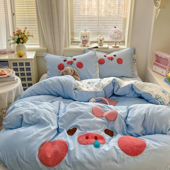 91家纺网 家纺一手货源 找家纺 （总）颜选 2026春夏新款卡通款水洗棉毛巾绣四件套-猪猪