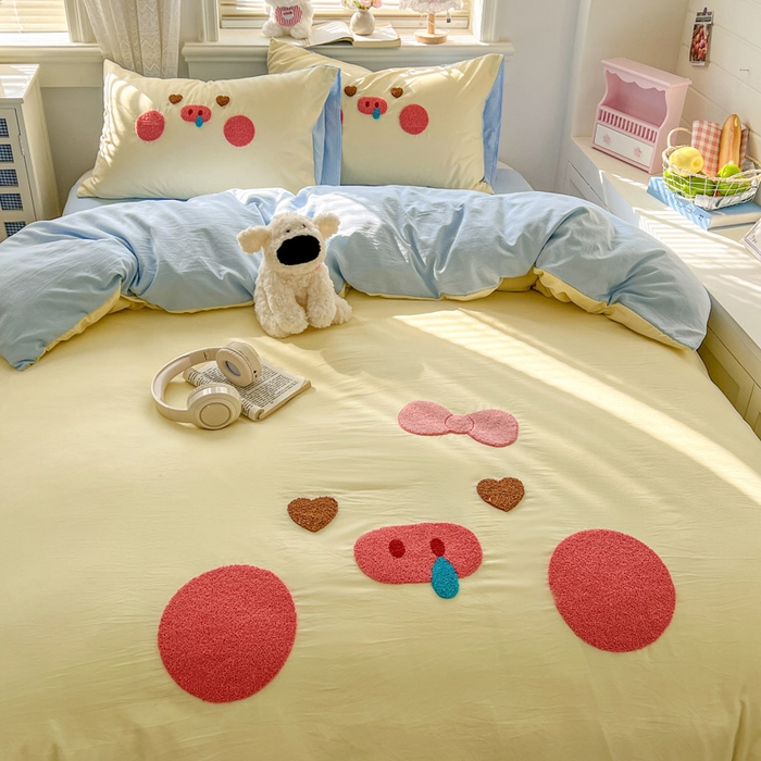 91家纺网 家纺一手货源 找家纺 颜选 2026春夏新款卡通款水洗棉毛巾绣四件套-猪猪 猪猪女孩-黄+蓝