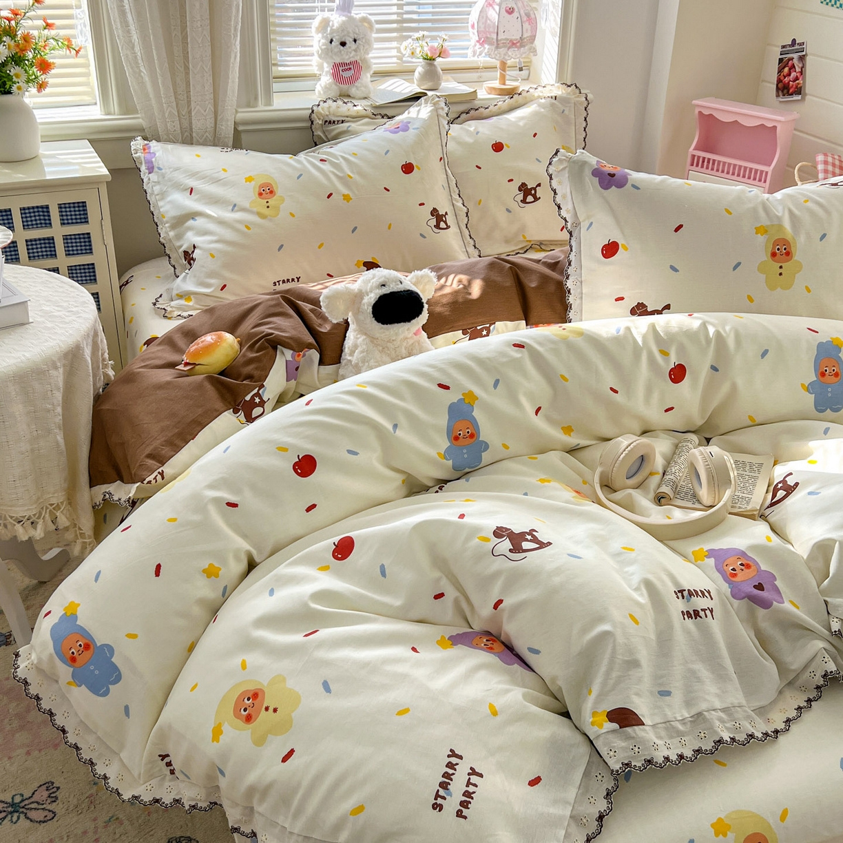 91家纺网 家纺一手货源 找家纺 希诺家居 2026新款费尔岛风全棉纯棉韩式小清新花边四件套 萌萌星宝宝