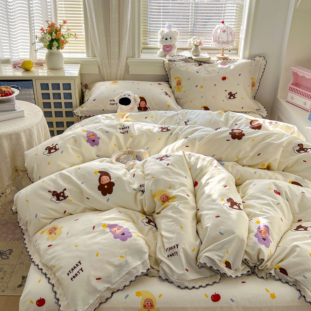 91家纺网 家纺一手货源 找家纺 希诺家居 2026新款费尔岛风全棉纯棉韩式小清新花边四件套 萌萌星宝宝