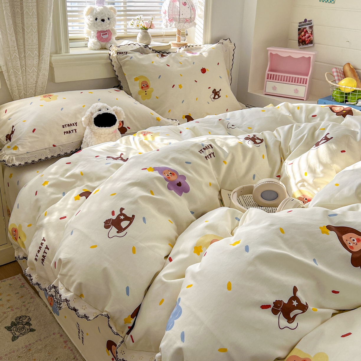 91家纺网 家纺一手货源 找家纺 希诺家居 2026新款费尔岛风全棉纯棉韩式小清新花边四件套 萌萌星宝宝