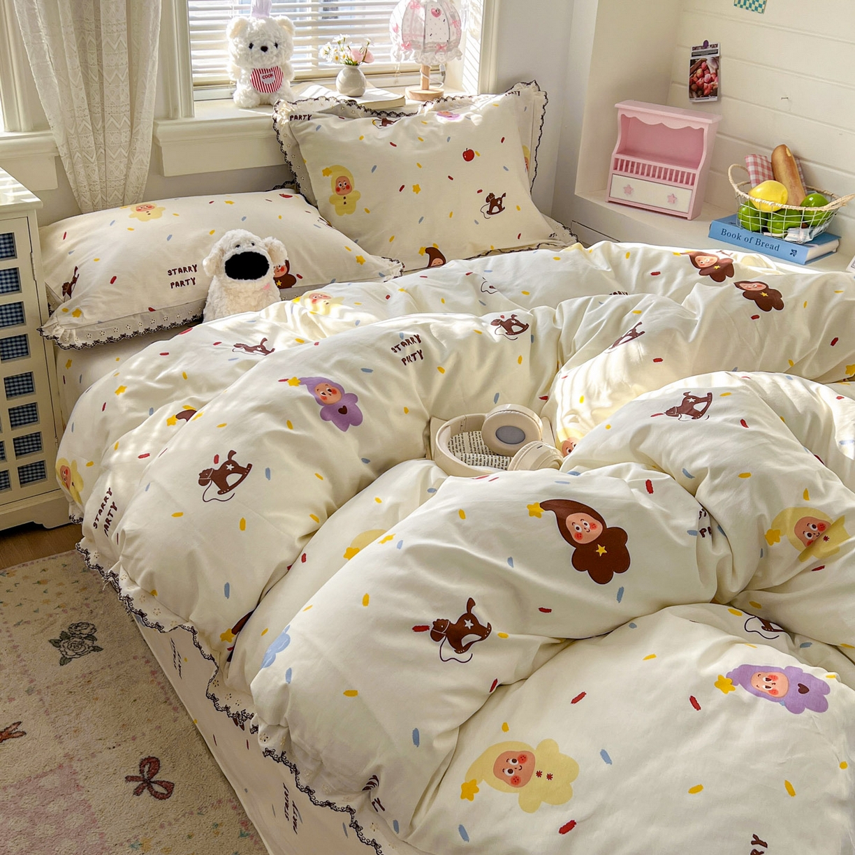 91家纺网 家纺一手货源 找家纺 希诺家居 2026新款费尔岛风全棉纯棉韩式小清新花边四件套 萌萌星宝宝