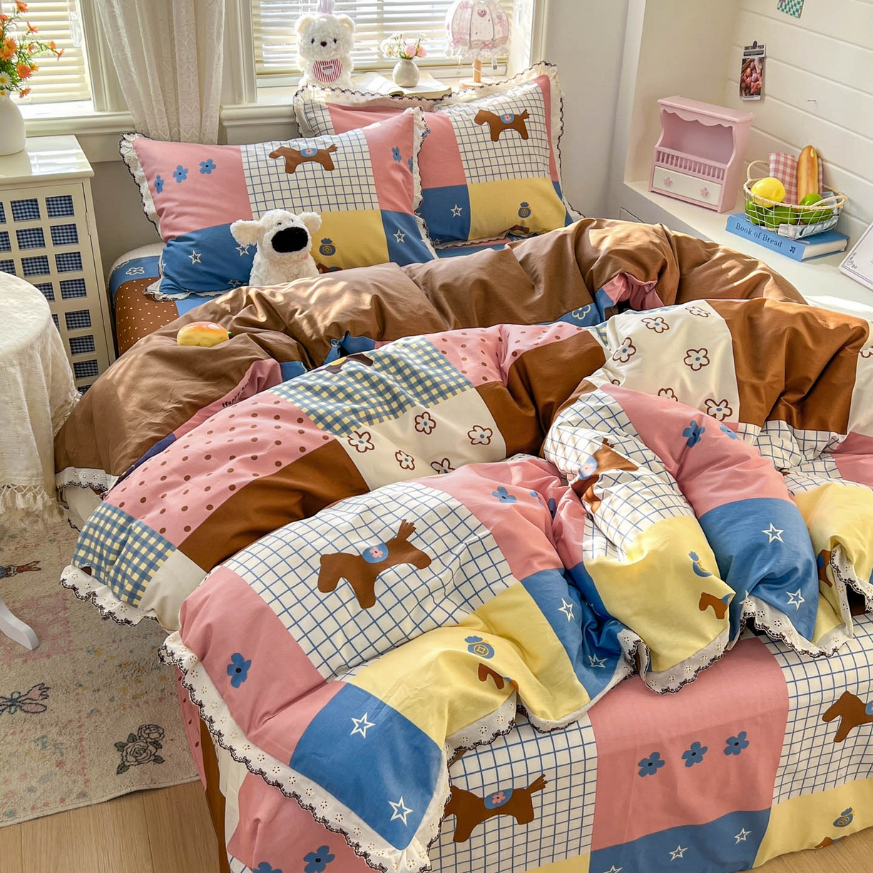 91家纺网 家纺一手货源 找家纺 希诺家居 2026新款费尔岛风全棉纯棉韩式小清新花边四件套 可可布丁马