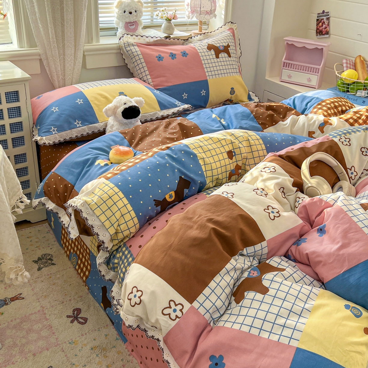 91家纺网 家纺一手货源 找家纺 希诺家居 2026新款费尔岛风全棉纯棉韩式小清新花边四件套 可可布丁马