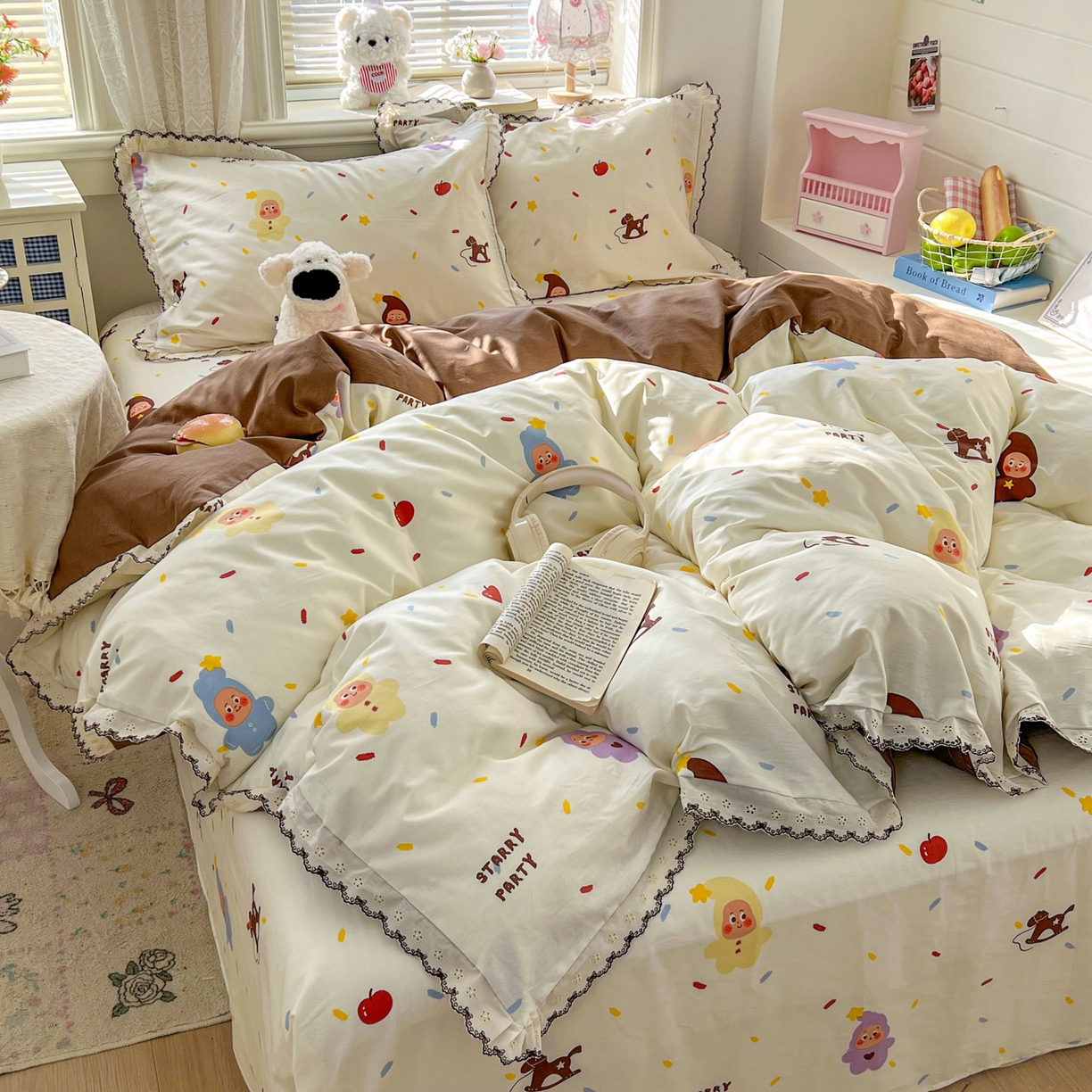 91家纺网 家纺一手货源 找家纺 希诺家居 2026新款费尔岛风全棉纯棉韩式小清新花边四件套 萌萌星宝宝