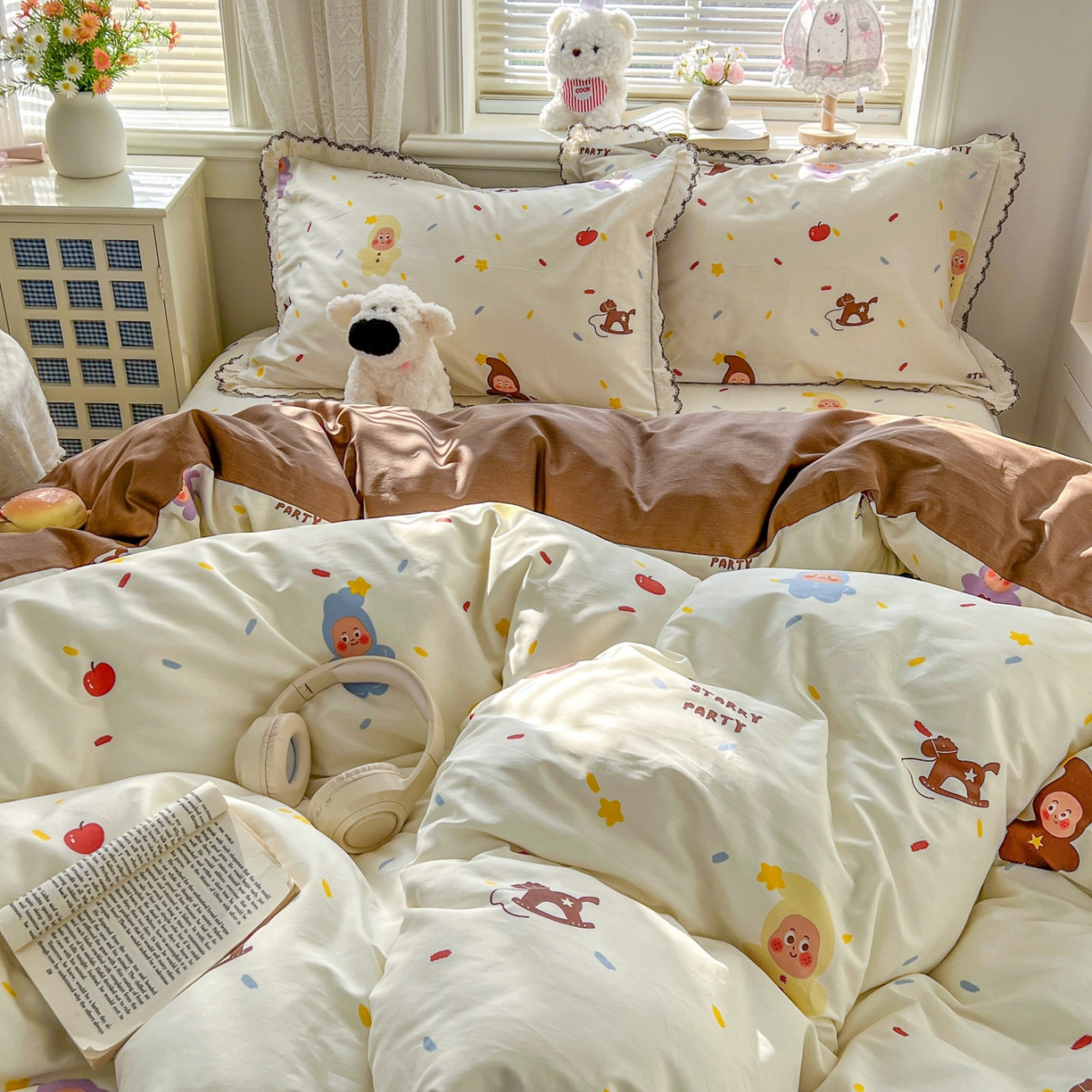 91家纺网 家纺一手货源 找家纺 希诺家居 2026新款费尔岛风全棉纯棉韩式小清新花边四件套 萌萌星宝宝