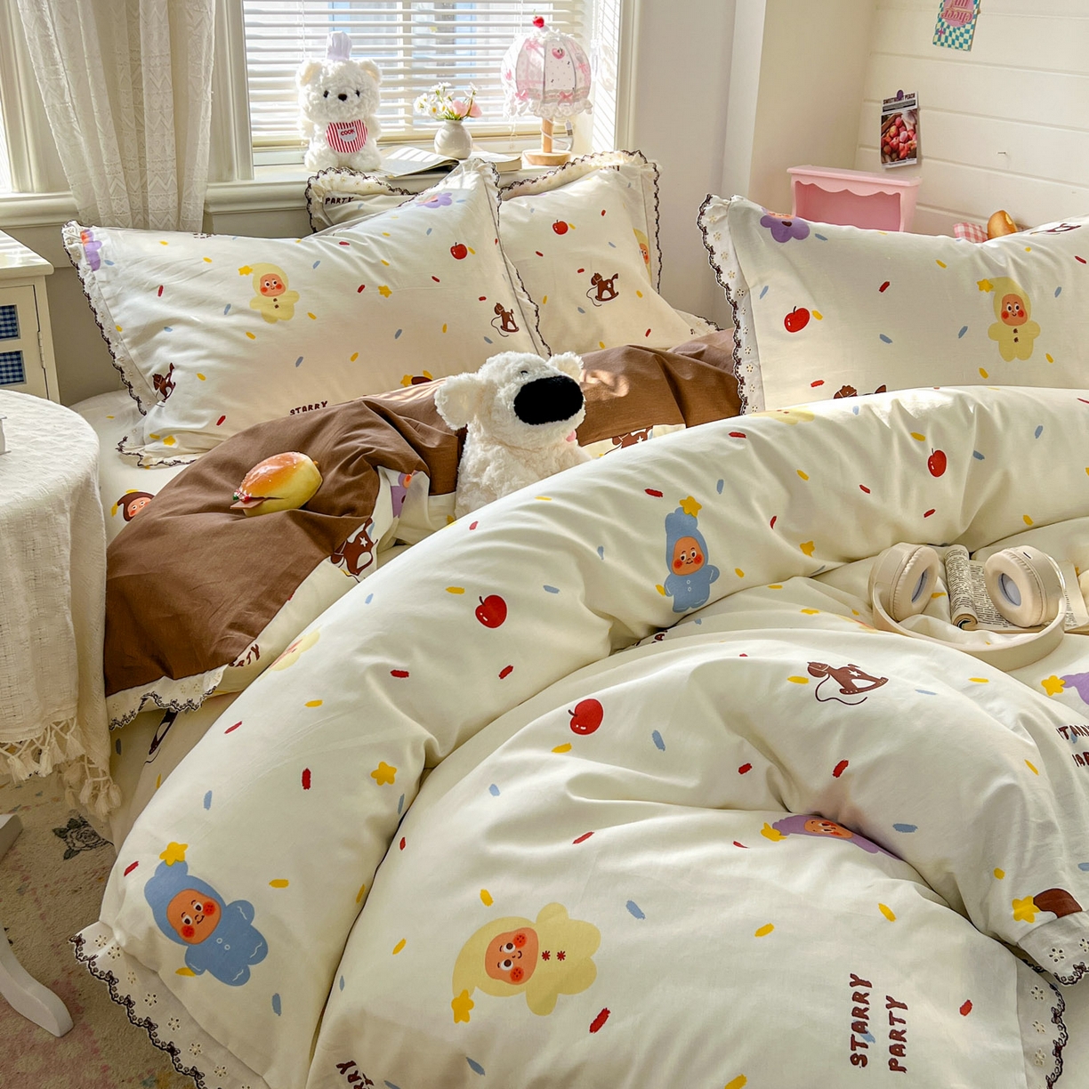 91家纺网 家纺一手货源 找家纺 希诺家居 2026新款费尔岛风全棉纯棉韩式小清新花边四件套 萌萌星宝宝