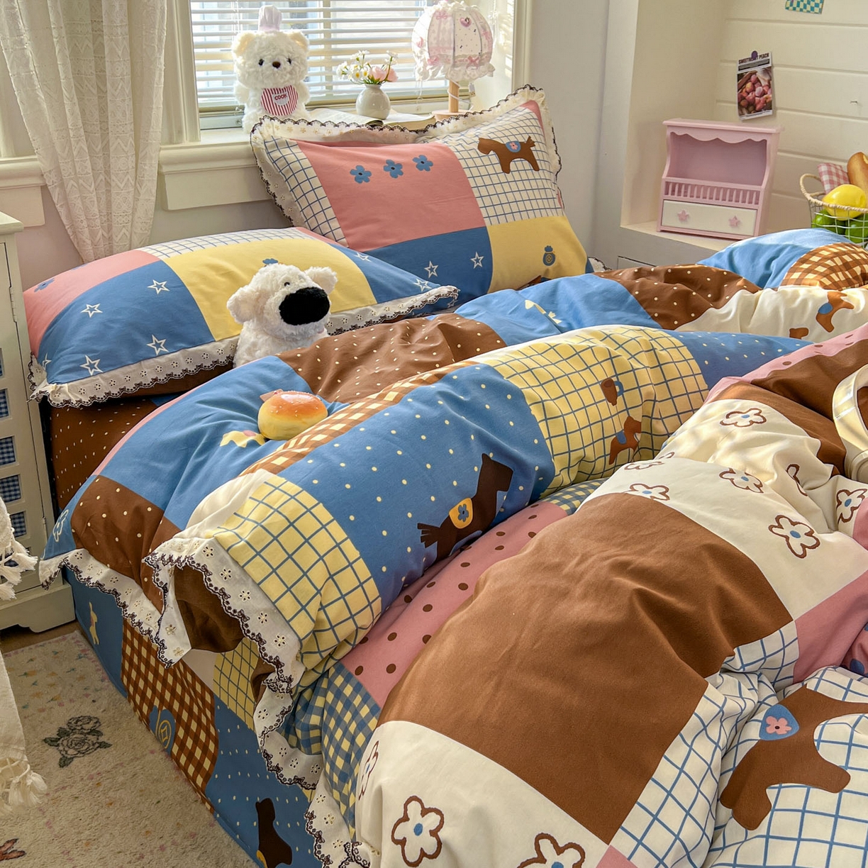 91家纺网 家纺一手货源 找家纺 希诺家居 2026新款费尔岛风全棉纯棉韩式小清新花边四件套 可可布丁马