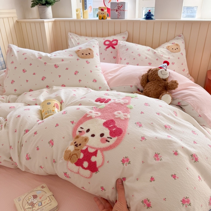 91家纺网 家纺一手货源 找家纺 艾特你 2026新款针织提花双层纱可爱毛巾绣四件套 春日小猫