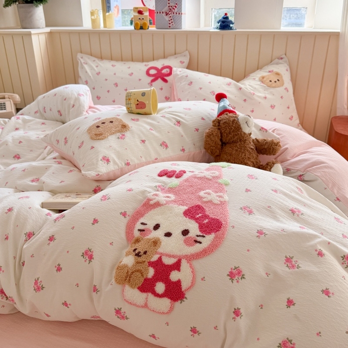 91家纺网 家纺一手货源 找家纺 艾特你 2026新款针织提花双层纱可爱毛巾绣四件套 春日小猫