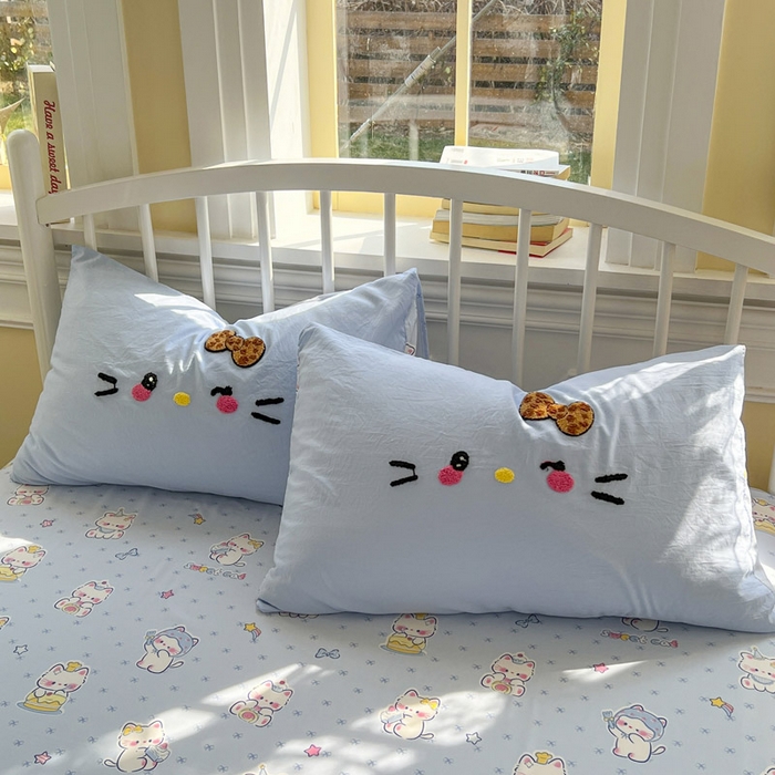 91家纺网 家纺一手货源 找家纺 颜选 2026春夏新款卡通款水洗棉毛巾绣四件套-凯蒂猫 凯蒂猫-天蓝