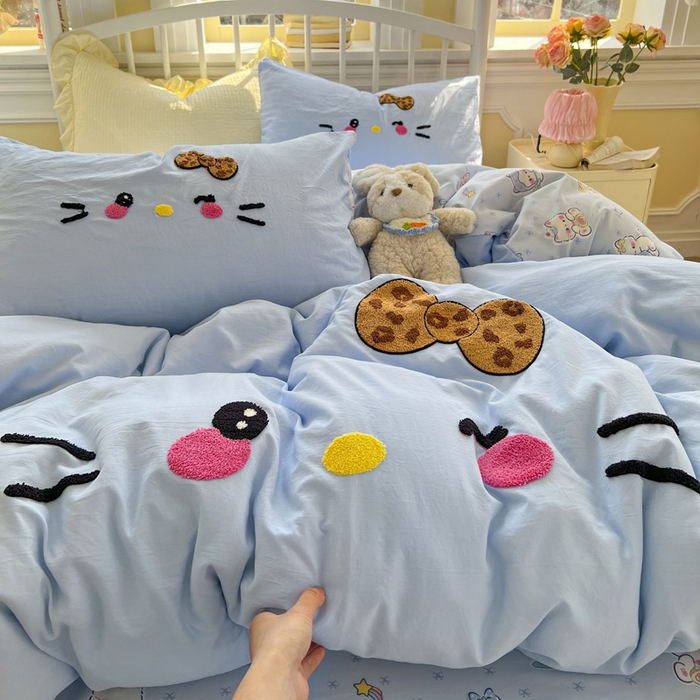 颜选 2026春夏新款卡通款水洗棉毛巾绣四件套-凯蒂猫 凯蒂猫-天蓝