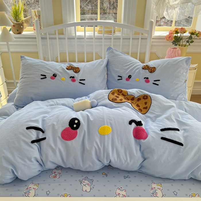 91家纺网 家纺一手货源 找家纺 颜选 2026春夏新款卡通款水洗棉毛巾绣四件套-凯蒂猫 凯蒂猫-天蓝