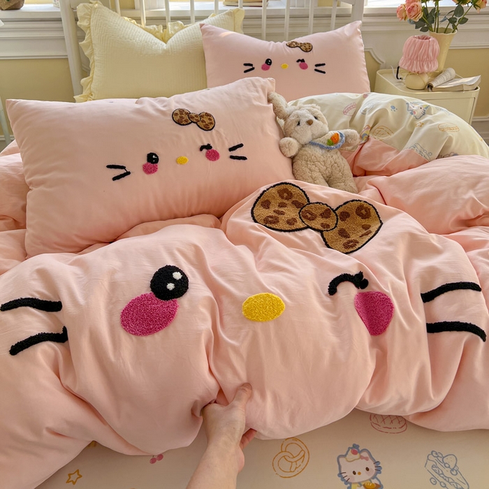 颜选 2026春夏新款卡通款水洗棉毛巾绣四件套-凯蒂猫 凯蒂猫-少女粉