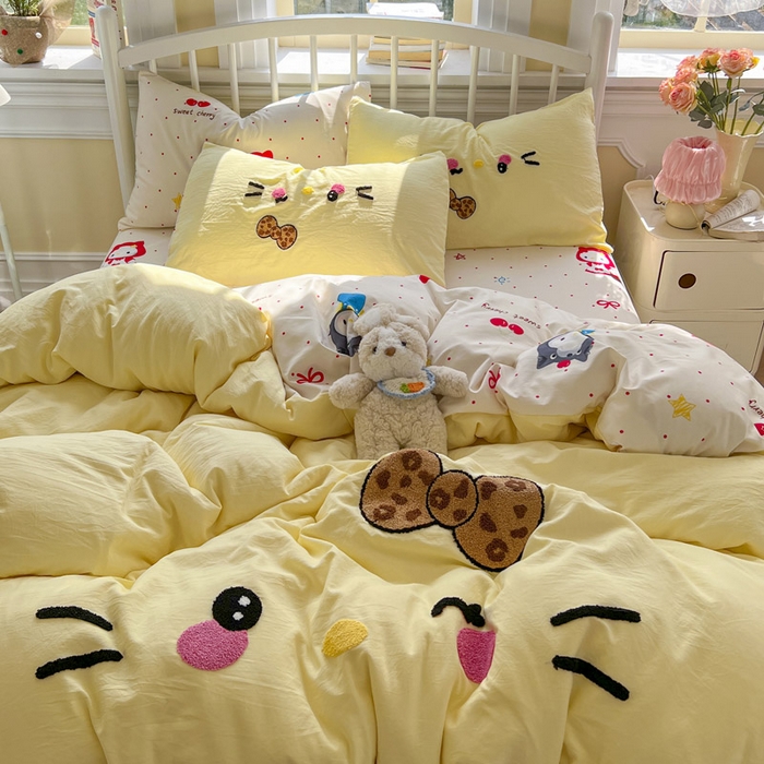 91家纺网 家纺一手货源 找家纺 颜选 2026春夏新款卡通款水洗棉毛巾绣四件套-凯蒂猫 凯蒂猫-甜桔