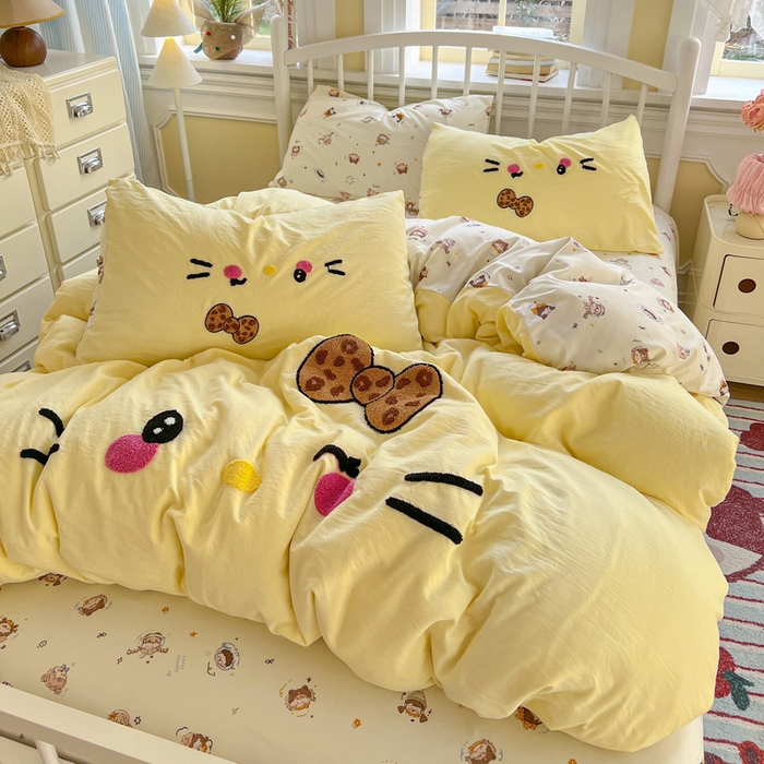 91家纺网 家纺一手货源 找家纺 颜选 2026春夏新款卡通款水洗棉毛巾绣四件套-凯蒂猫 凯蒂猫-芝士黄