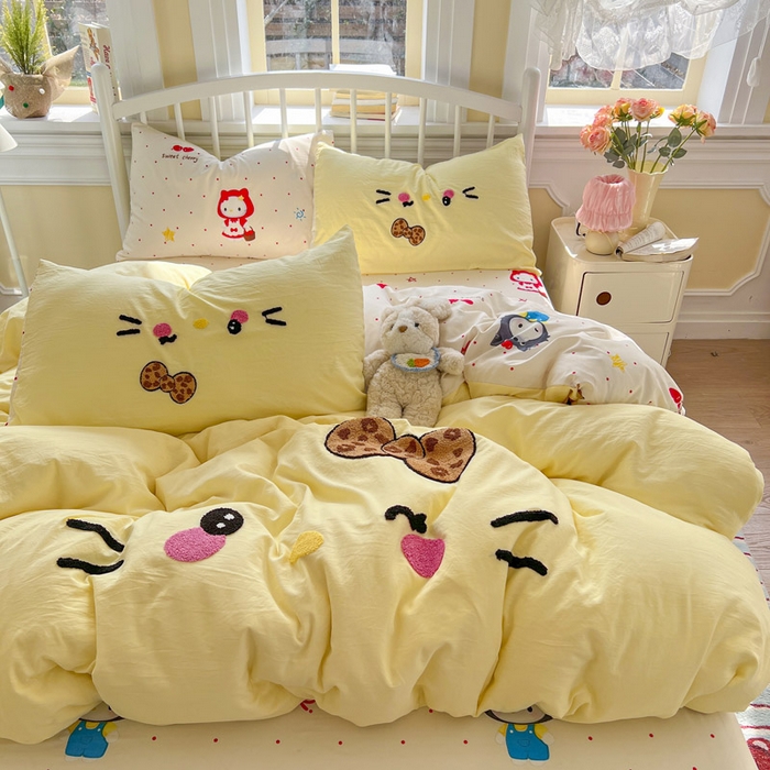 91家纺网 家纺一手货源 找家纺 颜选 2026春夏新款卡通款水洗棉毛巾绣四件套-凯蒂猫 凯蒂猫-甜桔