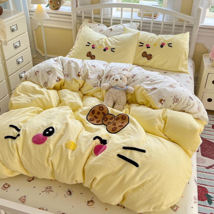 91家纺网 家纺一手货源 找家纺 颜选 2026春夏新款卡通款水洗棉毛巾绣四件套-凯蒂猫 凯蒂猫-芝士黄