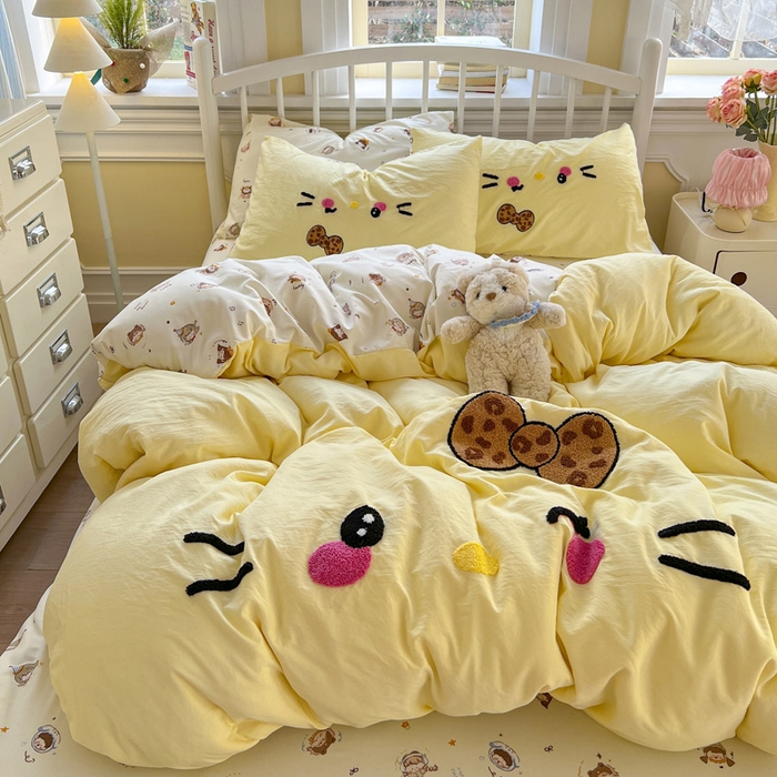 91家纺网 家纺一手货源 找家纺 颜选 2026春夏新款卡通款水洗棉毛巾绣四件套-凯蒂猫 凯蒂猫-芝士黄