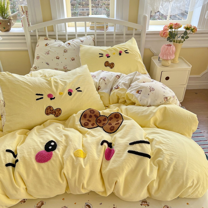 91家纺网 家纺一手货源 找家纺 颜选 2026春夏新款卡通款水洗棉毛巾绣四件套-凯蒂猫 凯蒂猫-芝士黄