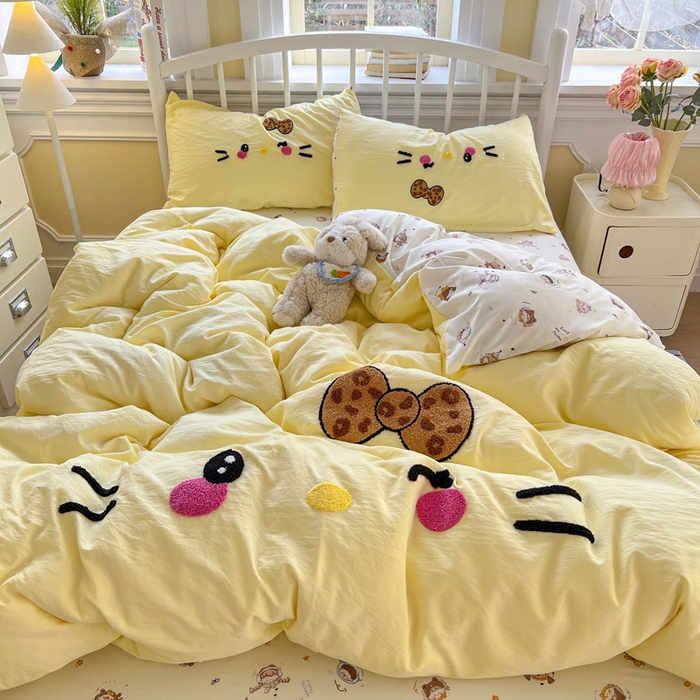 91家纺网 家纺一手货源 找家纺 颜选 2026春夏新款卡通款水洗棉毛巾绣四件套-凯蒂猫 凯蒂猫-芝士黄